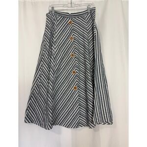 Blue White Striped Boho Cotton Linen Midi Skirt XL Button Front A-Line Natural